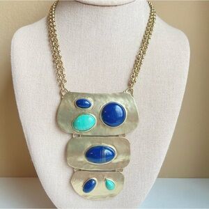 Chico’s Brielle statement pendant necklace blue aqua cabochons in matte goldtone